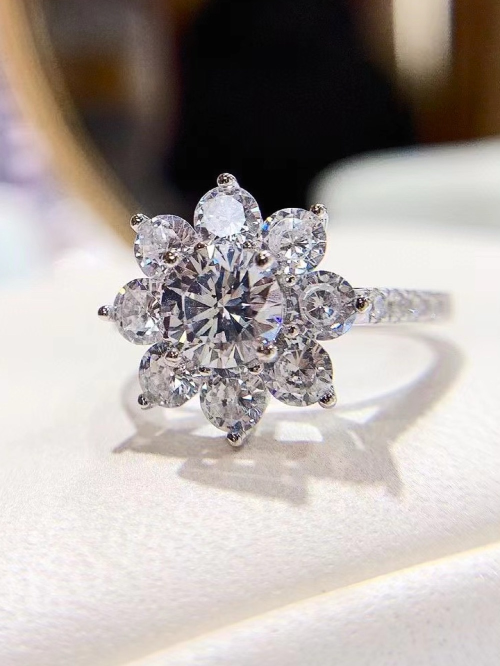 1CT Moissanite Flower Halo Ring 925 Sterling Silver Platinum Plated VVS1 CERT